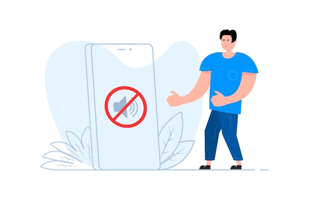 Vector a man stands near the smartphone on the screen no sound sign forbidden sign with loudspeaker