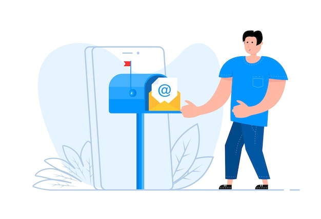 Мужчина стоит возле смартфона на экране Подписка на рассылку Email Marketing