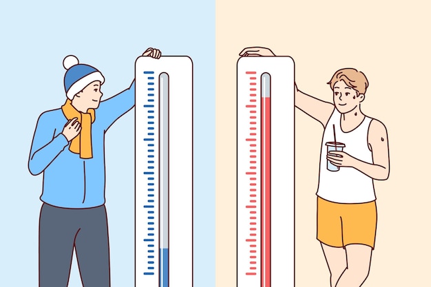 Man stands near thermometers showing different temperatures and feels heat or cold