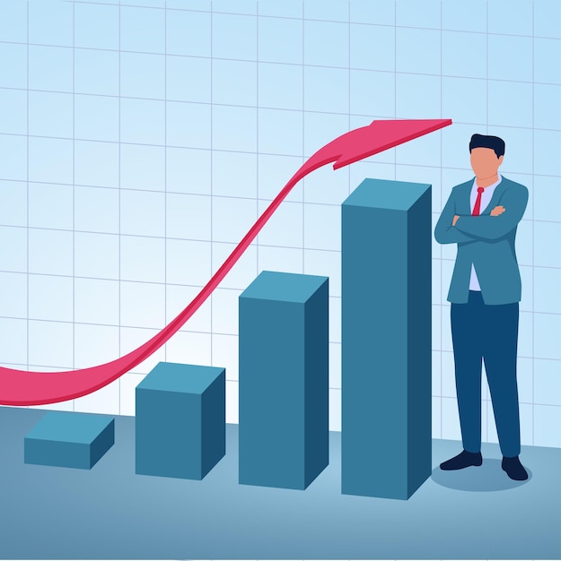 a man stands next to a rising graph illustration for increasing investment profits stock gains and investment value increase