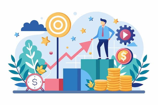 Vector a man stands on a tall heap of coins showcasing financial success and wealth strategy to increase business income simple and minimalist flat vector illustration