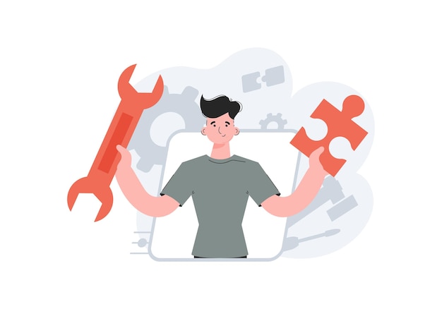 Vector a man stands waistdeep holding a wrench and a puzzle tech support element for presentations sites