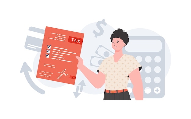 A man stands waistdeep and holds a form of paid taxes in his hands Taxes Element for presentation Vector illustration