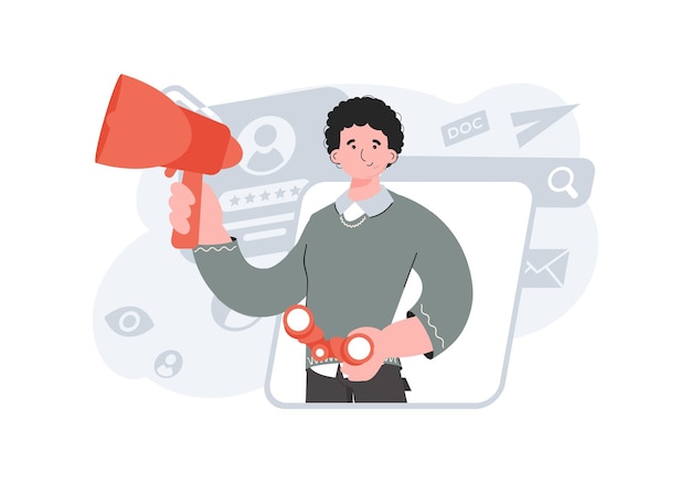 A man stands waistdeep and holds a loudspeaker in his hands HR concept Element for presentations sites