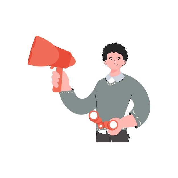 A man stands waistdeep and holds a loudspeaker in his hands isolated element for presentations sites