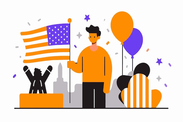 Вектор Мужчина стоит с американским флагом среди воздушных шаров и праздничных конфетов