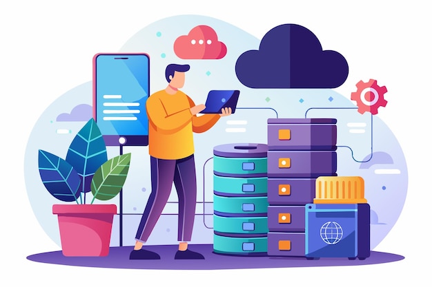 a man stands with a mobile device backing up a database to cloud storage in a techrepresentative environment man backing up database with cloud on mobile phone