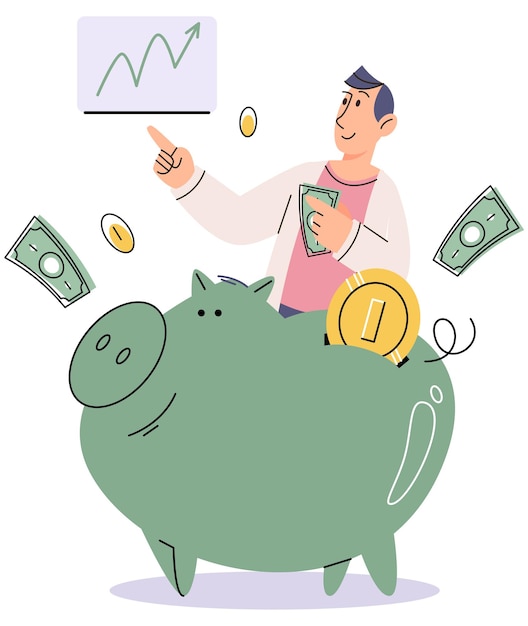 Man stopt geld in spaarvarken met munten en dollarbiljetten Concept van bankieren spaargeld storting geld terug Open bankstortingsplan financiering budgetinvestering Diversificatie van besparingen