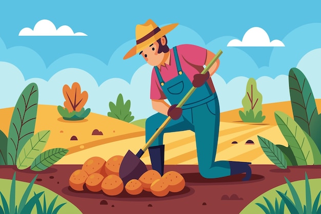 A man in a straw hat is digging in the dirt