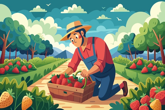 A man in a straw hat is picking strawberries in a field