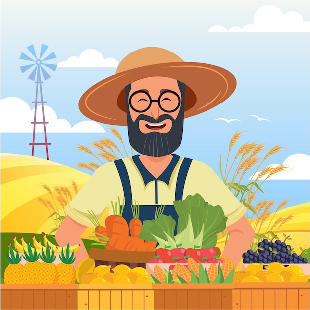 A man in a straw hat is standing behind a pile of vegetables