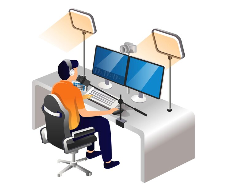 Vector man streaming in front of computer