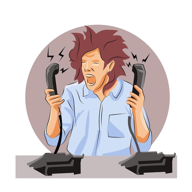 Мужчина в стрессе из-за входящего звонка с жалобой от клиентов, не в состоянии контролировать управление гневом