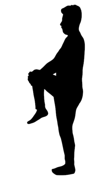 Человек, растягивающий векторный силуэт колена, изолированный на белом фоне, заполняет тенью черного цвета