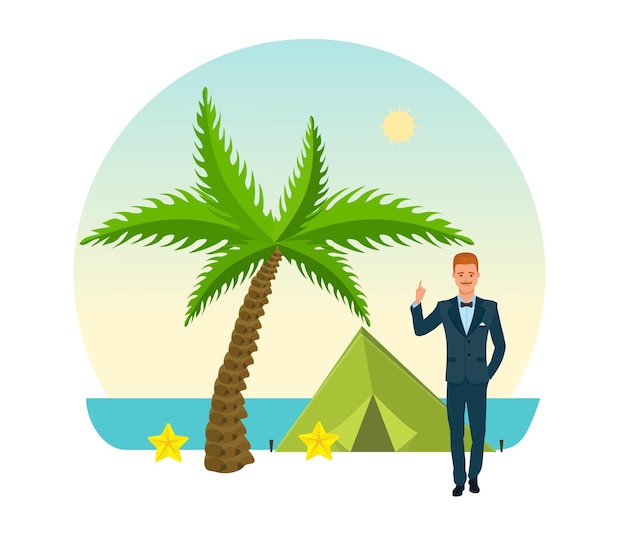 Man in strict suit guide for touristic country shows territory talks about sights Tropical island landscape palm sea eco clear nature Trip travel journey vacation in summer Cartoon vector