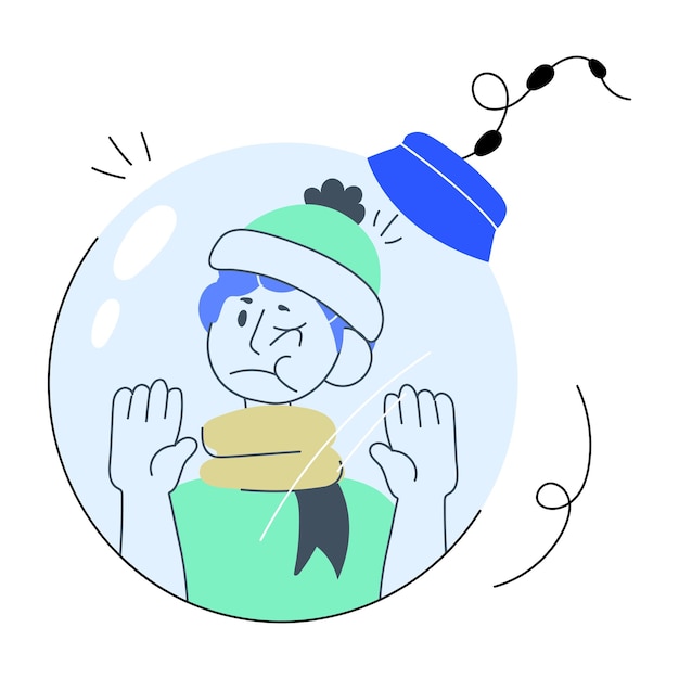 Vector man stuck in christmas bauble doodle mini illustration