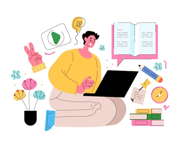 Man student karakter boek lezen en online studeren door laptop Internet onderwijs concept Vector platte geïsoleerde moderne stijl illustratie