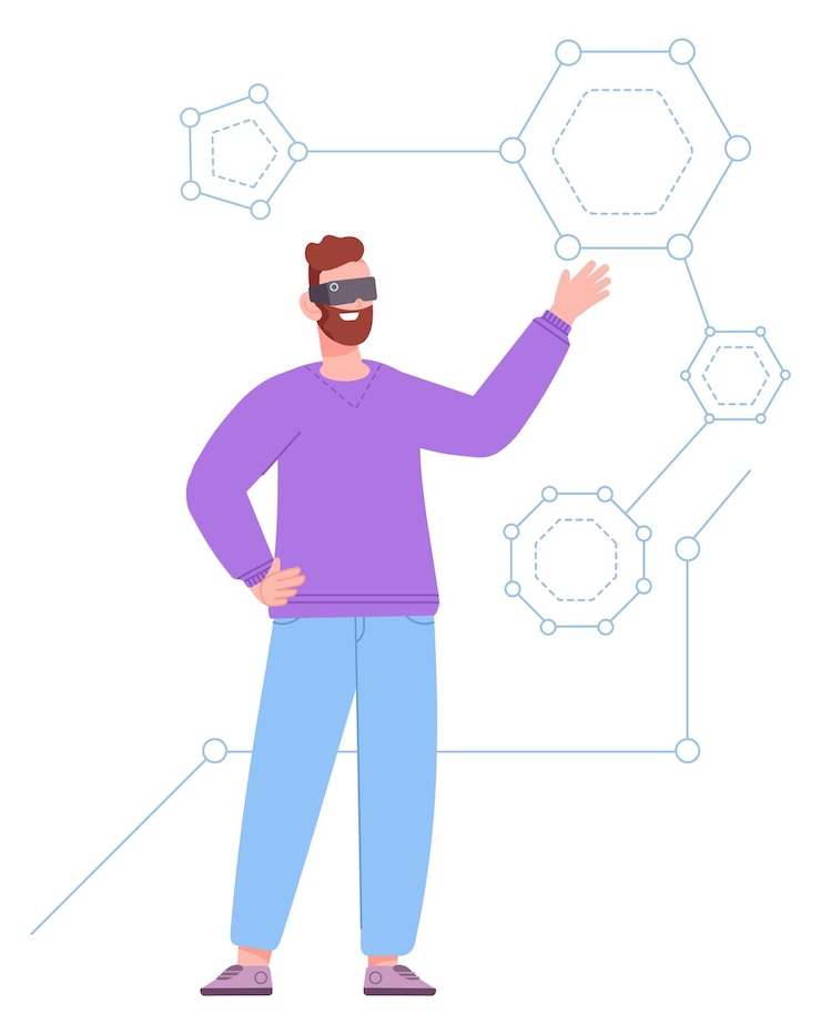 Vector man studying chemical structure in virtual reality futuristic science