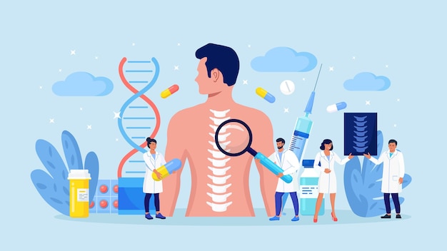 정골을 방문하는 척추 통증으로 고통받는 남자. 환자 척추의 엑스레이를 검사하는 작은 의사. 요통, 류머티즘, 기형, 척추 염증 치료. 척추 질환 진단.