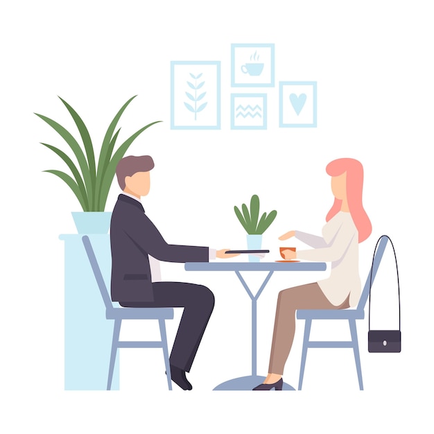 Man in a suit gives a tablet to a woman Vector illustration