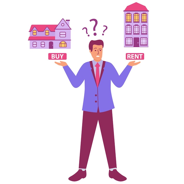 a man in a suit holds two different houses and says buy and rent