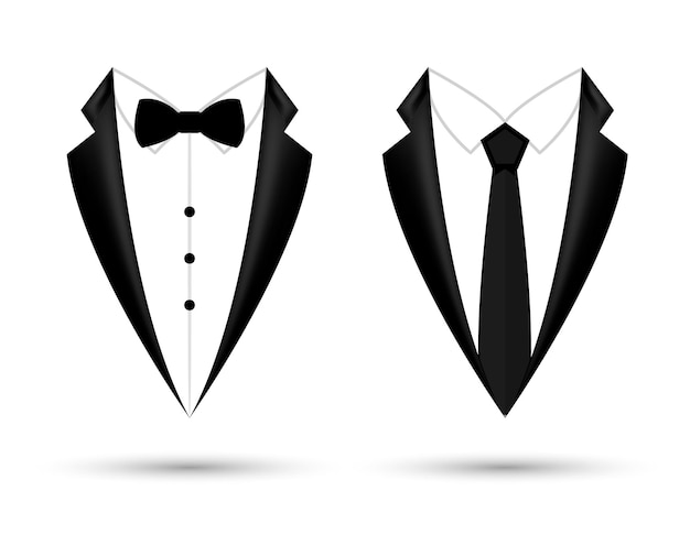 Vector man suit icon isolated background with bow and tie. fashion black business jacket design.