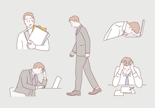 A man in a suit is holding a folder and has his head down and the other has his hands on his head.