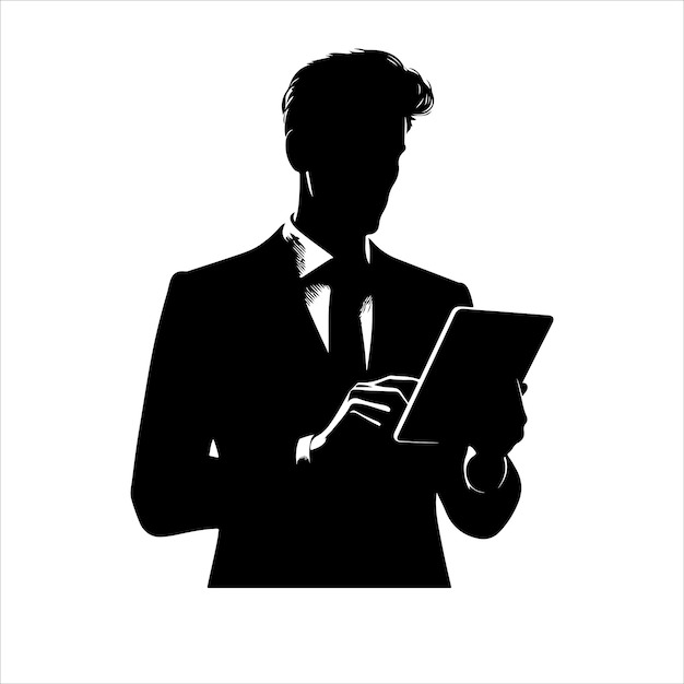 Мужчина в костюме держит планшет Бизнесмен стоит с планшетным векторным силуэтом