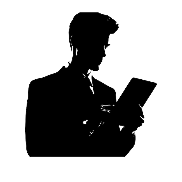 Vector a man in a suit is holding a tablet business man stand with tablet vector silhouette