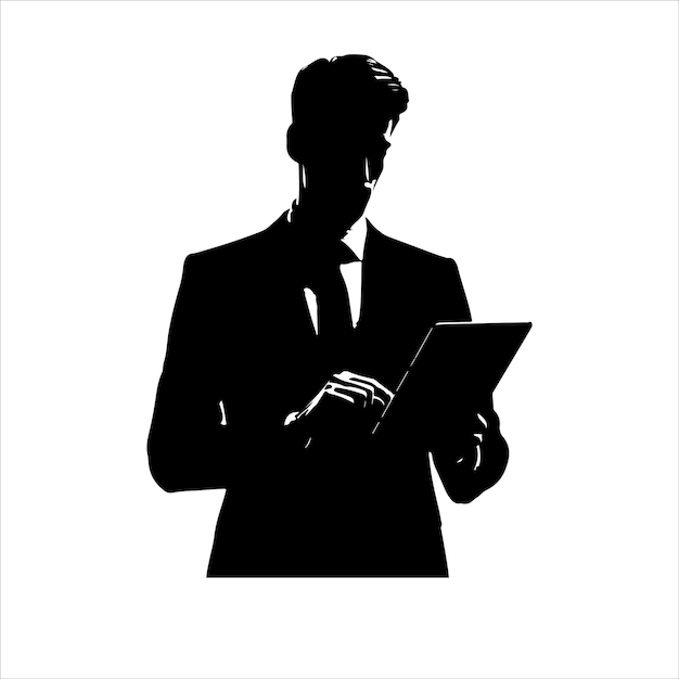 Vector a man in a suit is holding a tablet business man stand with tablet vector silhouette