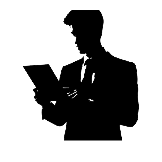 スーツを着た男性がタブレットを握っていますタブレットはベクトルシルエットを搭載したビジネスマンスタンドです
