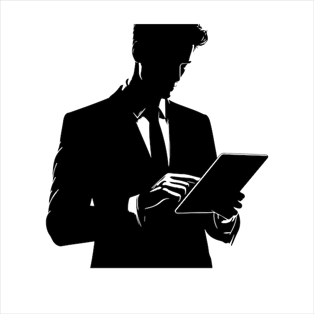 Vector a man in a suit is holding a tablet business man stand with tablet vector silhouette