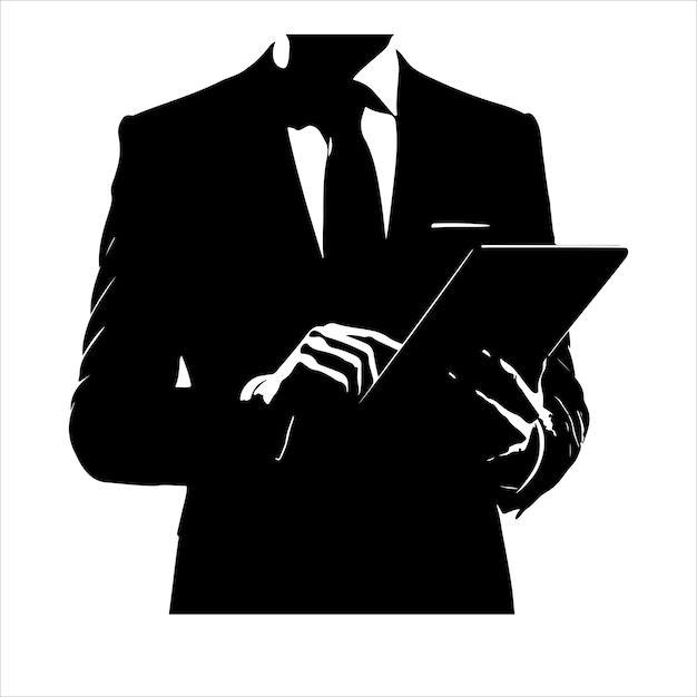 Vector a man in a suit is holding a tablet business man stand with tablet vector silhouette