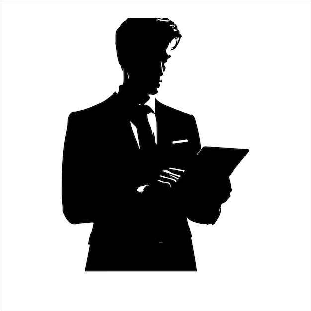 A man in a suit is holding a tablet Business man stand with tablet vector silhouette