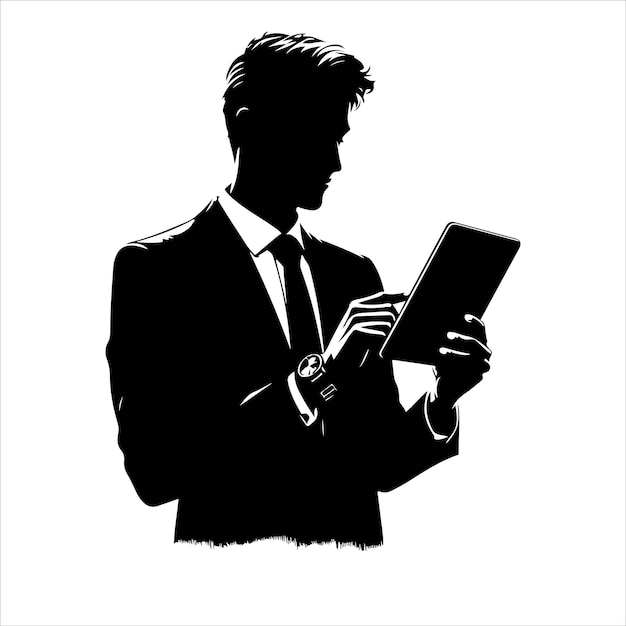 Vector a man in a suit is holding a tablet business man stand with tablet vector silhouette