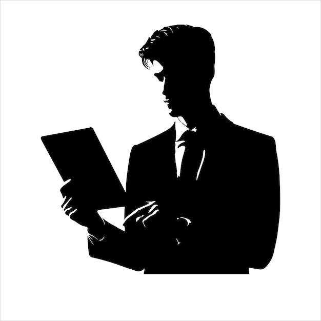 A man in a suit is holding a tablet Business man stand with tablet vector silhouette