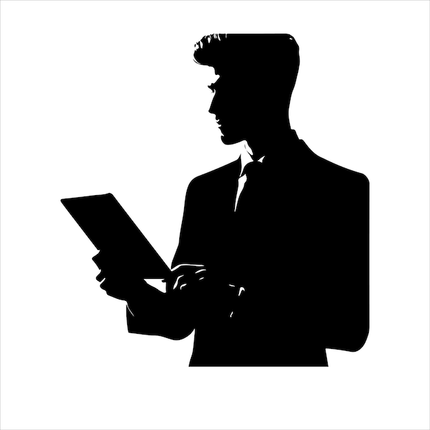 A man in a suit is holding a tablet Business man stand with tablet vector silhouette