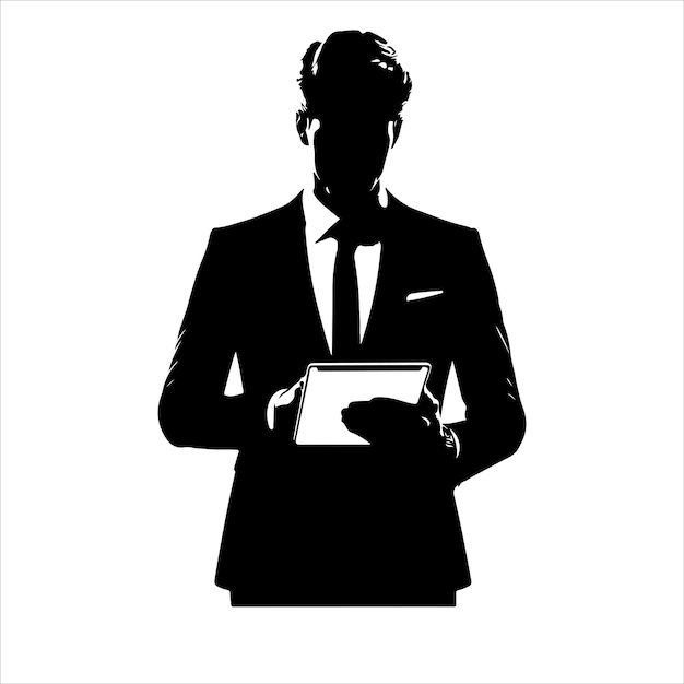 A man in a suit is holding a tablet Business man stand with tablet vector silhouette