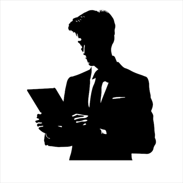 A man in a suit is holding a tablet Business man stand with tablet vector silhouette