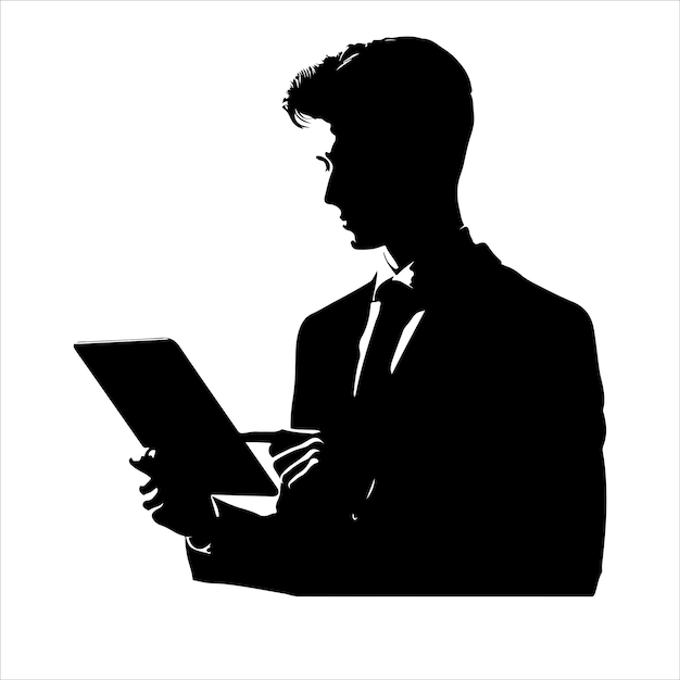 Vector a man in a suit is holding a tablet business man stand with tablet vector silhouette