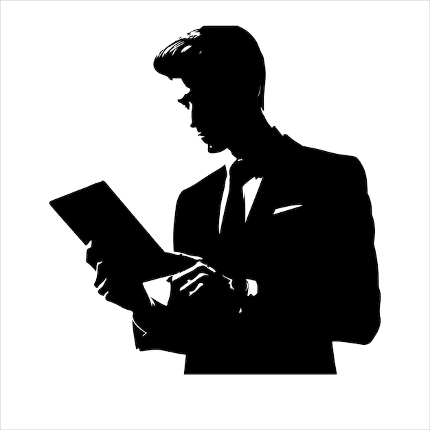 A man in a suit is holding a tablet Business man stand with tablet vector silhouette