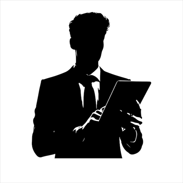 Vector a man in a suit is holding a tablet business man stand with tablet vector silhouette