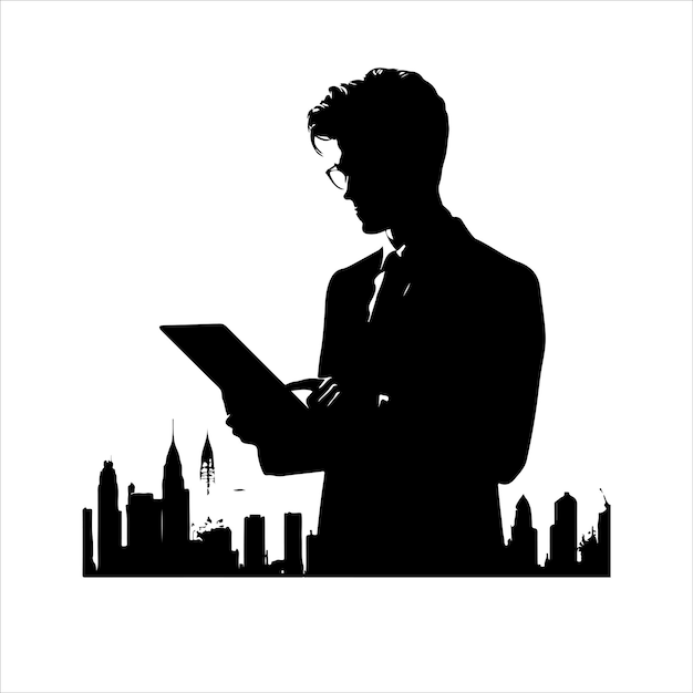 A man in a suit is holding a tablet Business man stand with tablet vector silhouette