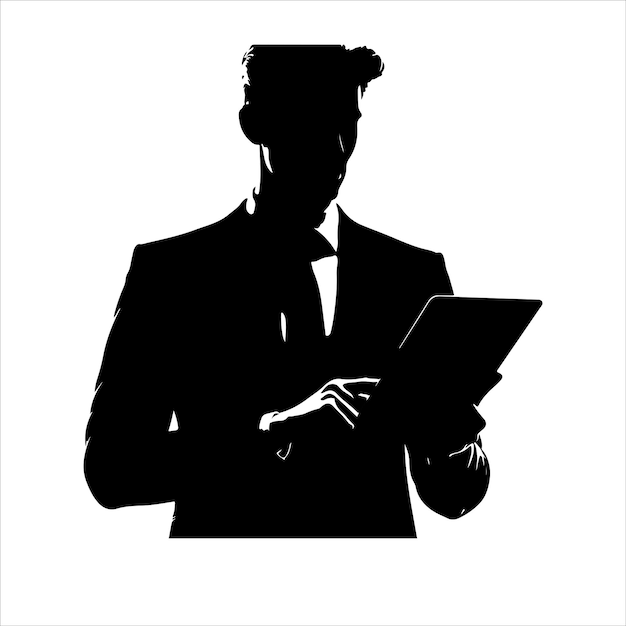 Vector a man in a suit is holding a tablet business man stand with tablet vector silhouette