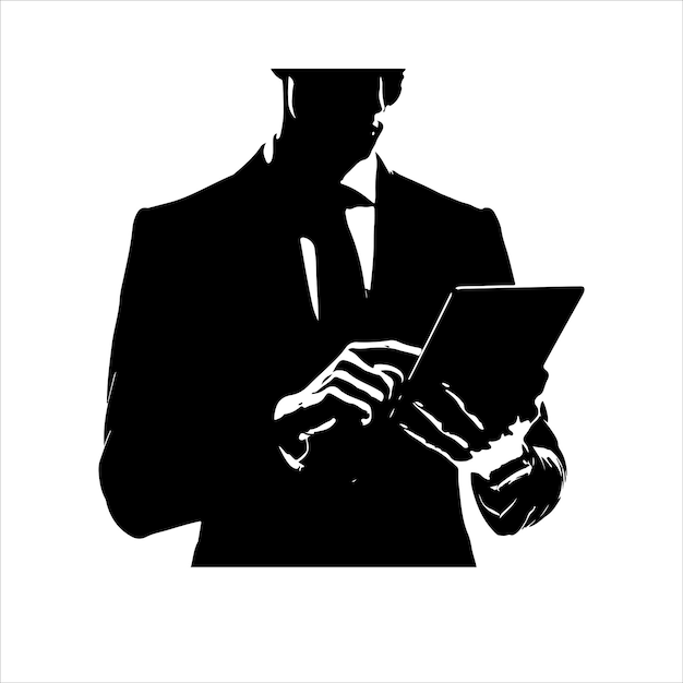 Vector a man in a suit is holding a tablet business man stand with tablet vector silhouette