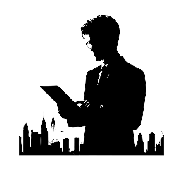 A man in a suit is holding a tablet Business man stand with tablet vector silhouette