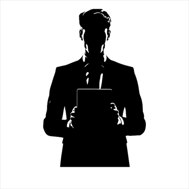 Vector a man in a suit is holding a tablet business man stand with tablet vector silhouette