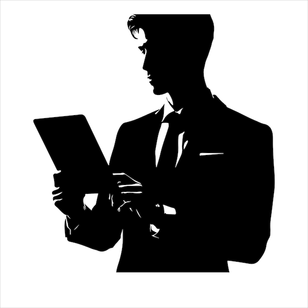 A man in a suit is holding a tablet Business man stand with tablet vector silhouette