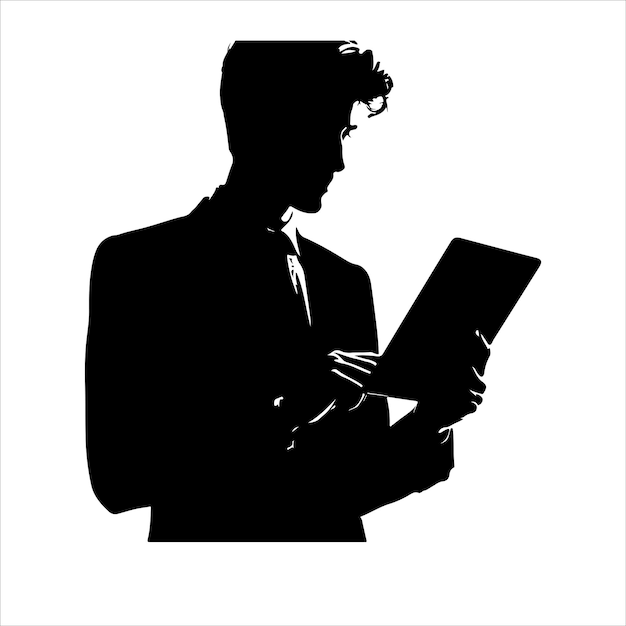 Vector a man in a suit is holding a tablet business man stand with tablet vector silhouette