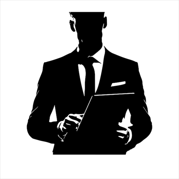 Vector a man in a suit is holding a tablet businessman stands with tablet vector silhouette